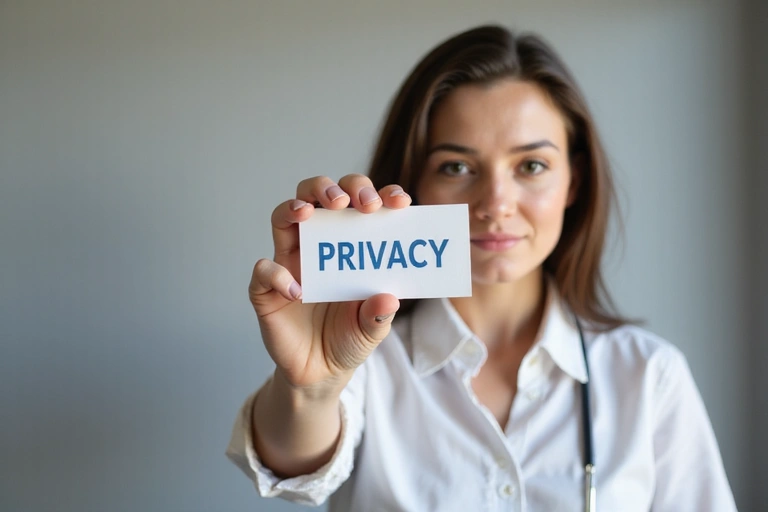 Kobieta trzymająca w dłoni znak 'Prywatność', symbolizujący ochronę danych osobowych